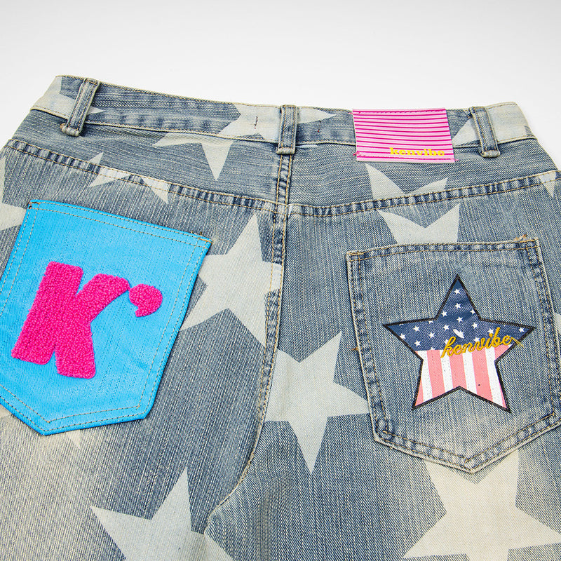 All-Over Star Print Wide Leg Jeans – Vintage Wash Retro Streetwear Denim
