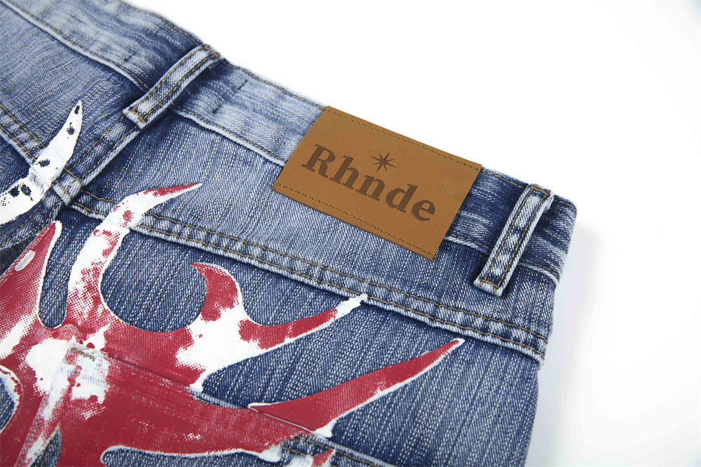 Wide-Leg Jeans Men's Washed Denim with Tribal Wing Graphic Print