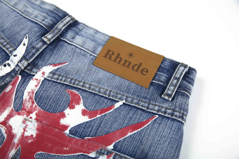 Wide-Leg Jeans Men's Washed Denim with Tribal Wing Graphic Print