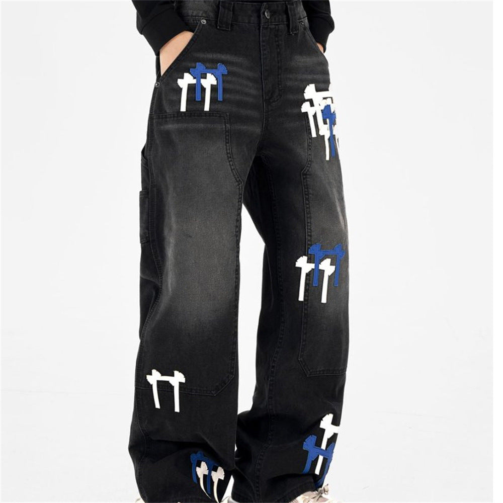 Black Washed Wide-Leg Cargo Jeans with Cross Embroidery Patches