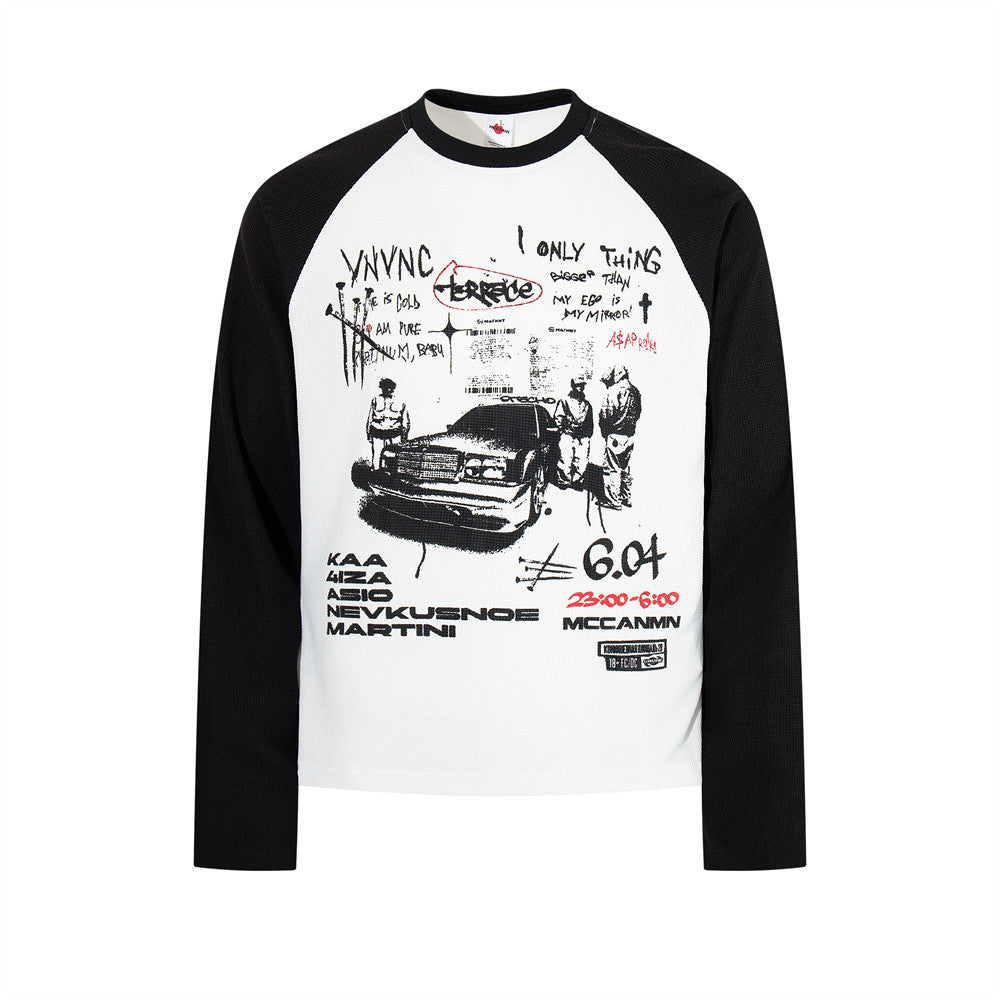 Men's white and black raglan long-sleeve graphic t-shirt with waffle-knit body and collage print on front