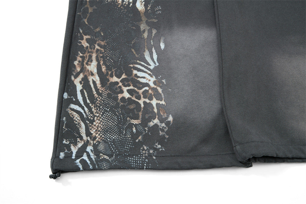 Wide Leg Sweatpants with Plaid Waistband & Animal Print Graphic