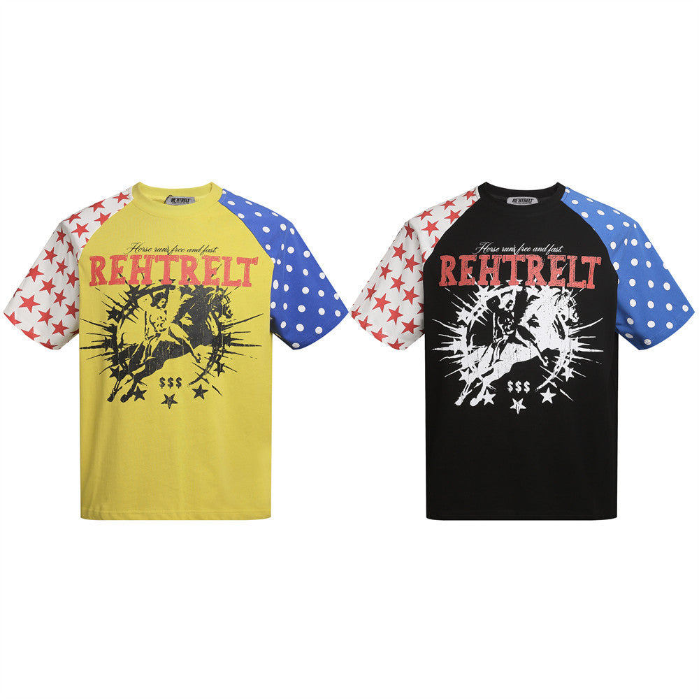 REHTRELT oversized graphic t-shirt with horse rider print, colorblock patchwork raglan sleeves in red stars and blue polka do