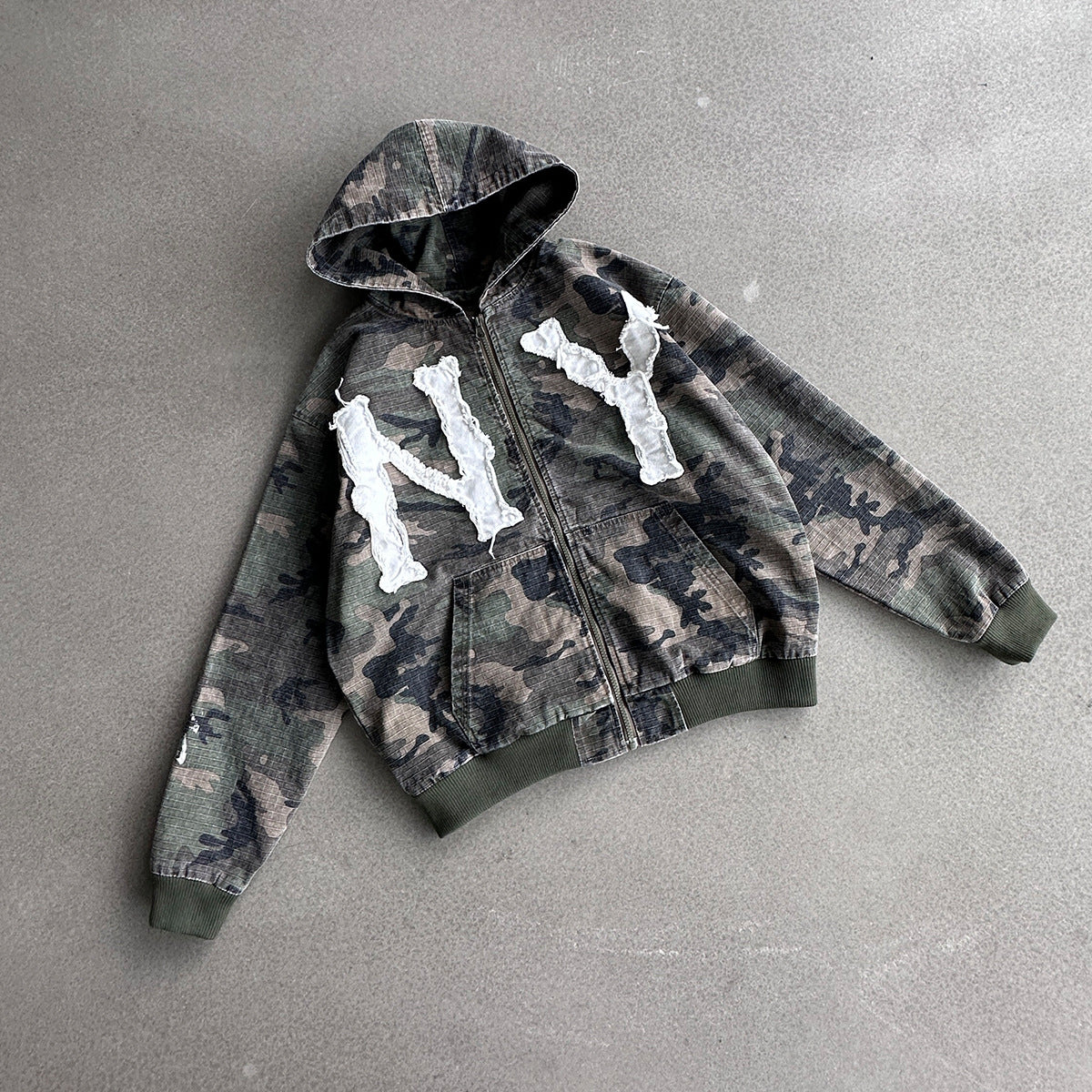 Camo NY Zip-Up Hoodie Jacket with Chenille Patch Letters