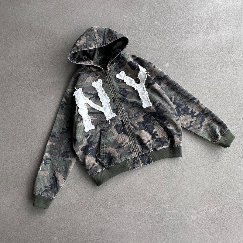 Camo NY Zip-Up Hoodie Jacket with Chenille Patch Letters