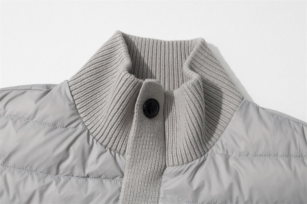 Men's Quilted Puffer Jacket with Ribbed Knit Sleeves & High Neck