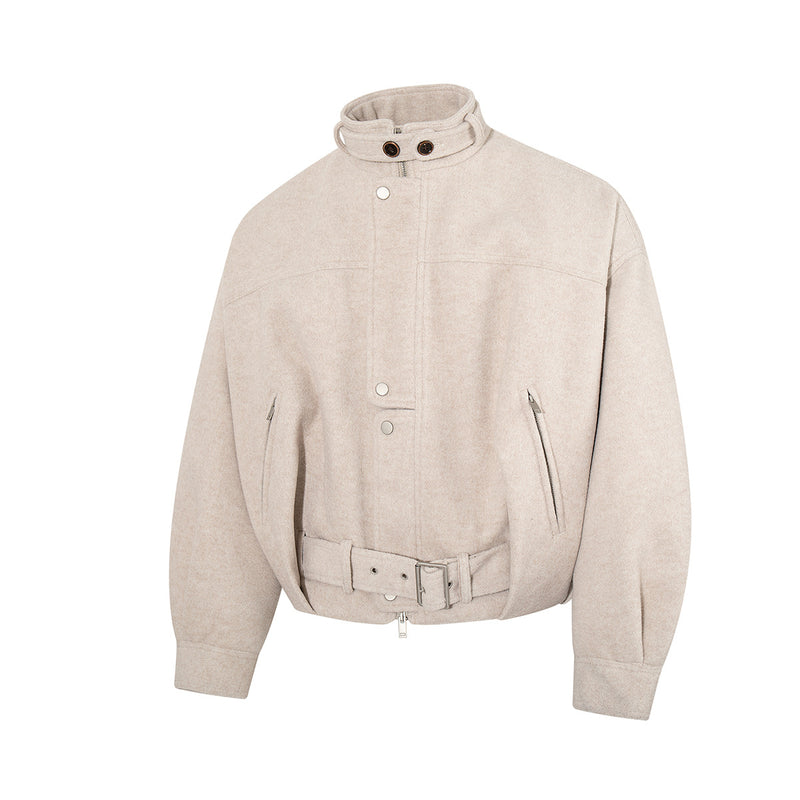 Oversized Wool-Blend Belted Bomber Jacket with Stand Collar