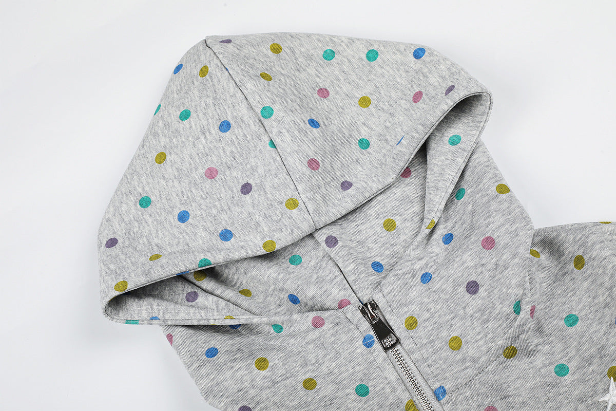 Sweat à capuche zippé pour femme – Sweat court gris à pois multicolores et volants