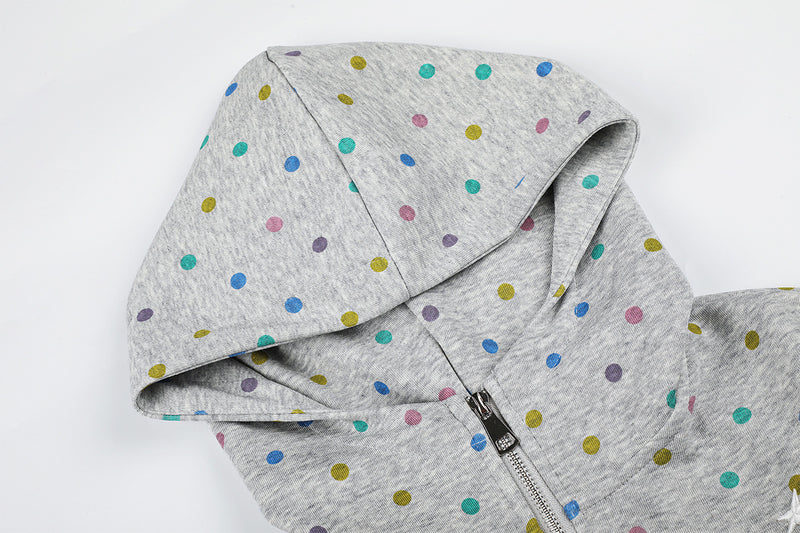 Sweat à capuche zippé pour femme – Sweat court gris à pois multicolores et volants