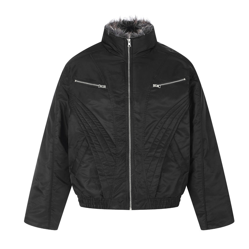 Quilted Padded Jacket with Faux Fur Collar – Moto-Inspired Deconstructed Design