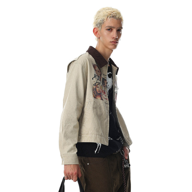 Side view of beige distressed zip-up jean jacket worn by model with graphic chest print