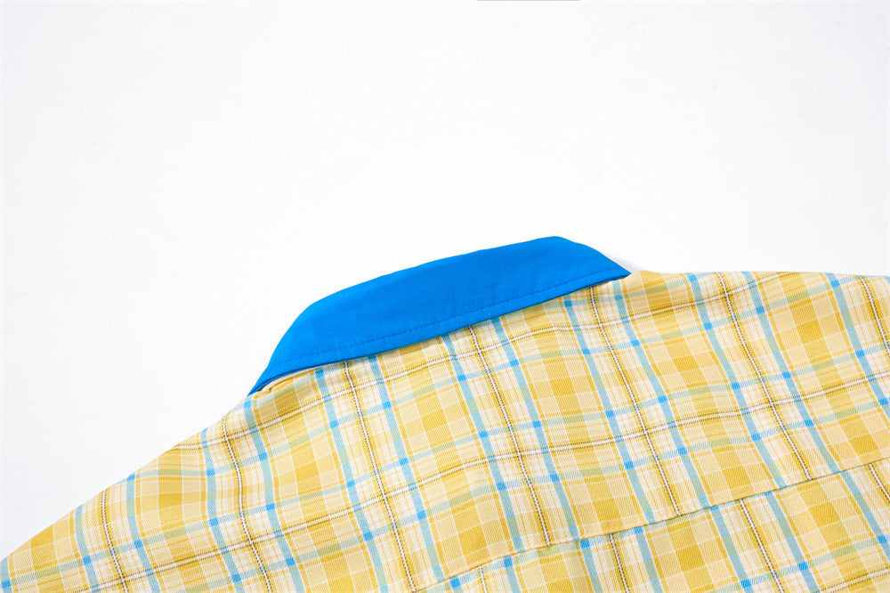 Back yoke and blue contrast collar on yellow plaid long sleeve shirt