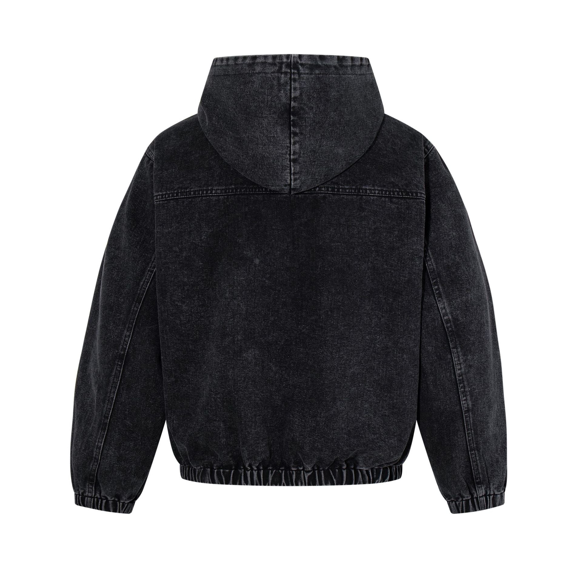 Washed Black Denim Hoodie Pullover with Metal Clasp Buckles