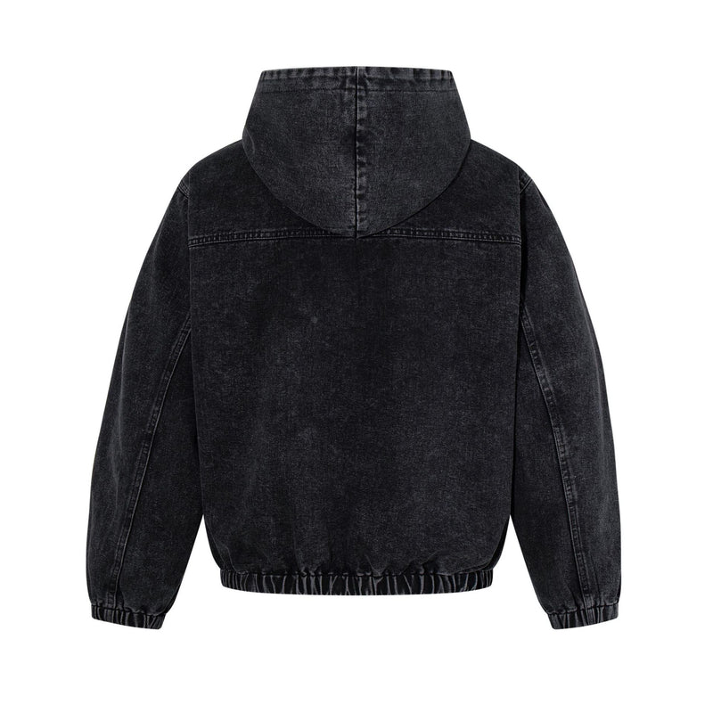 Washed Black Denim Hoodie Pullover with Metal Clasp Buckles