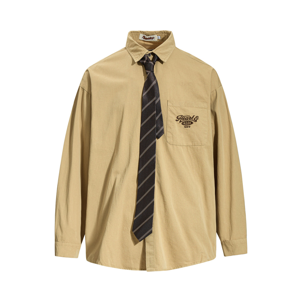 Oversized tan long sleeve button-up shirt with embroidered Heart & Hook 1990 chest logo and dark striped necktie, shown flat