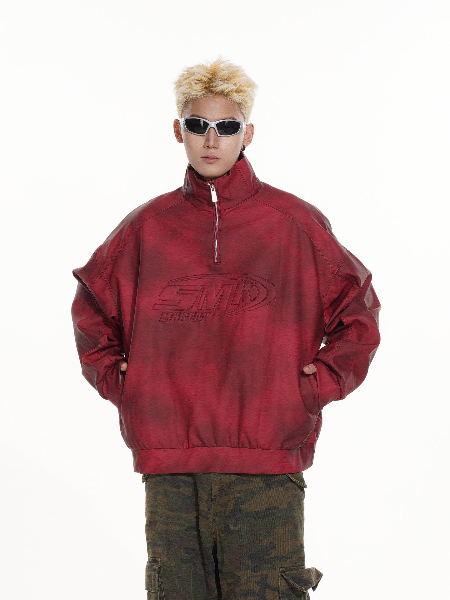 Sweat-shirt SMK à demi-zip – Col montant vintage effet délavé à l’acide