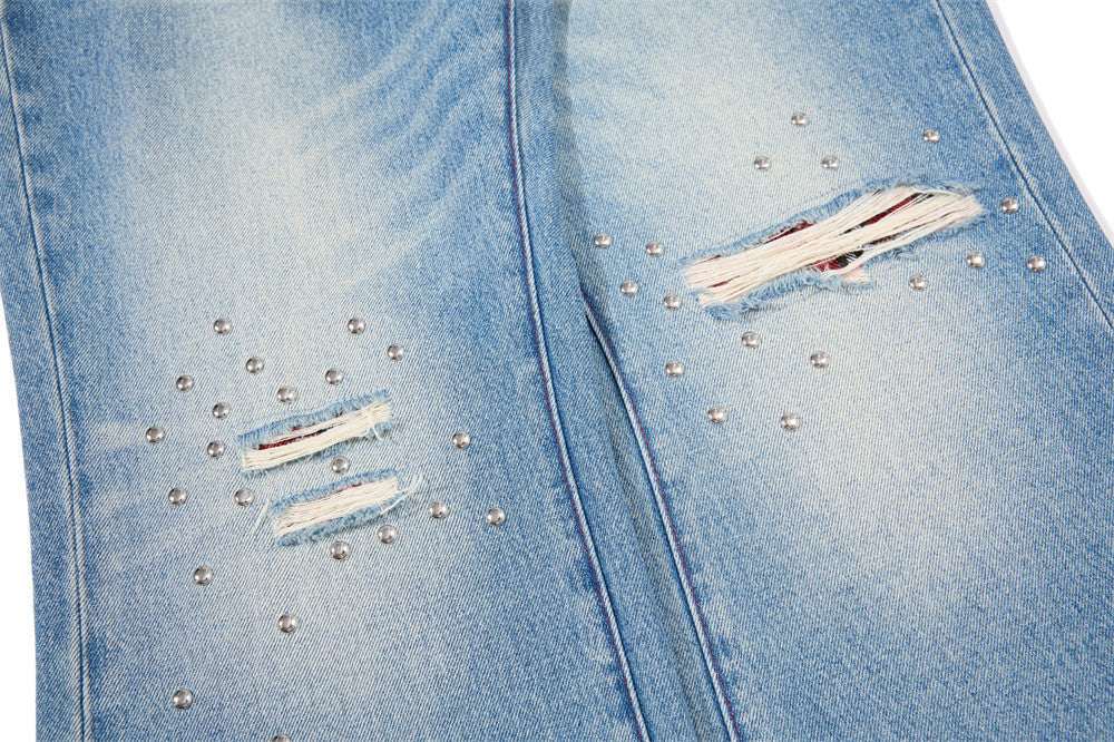 Men's Distressed Wide-Leg Flare Jeans with Stud Details – Washed Blue