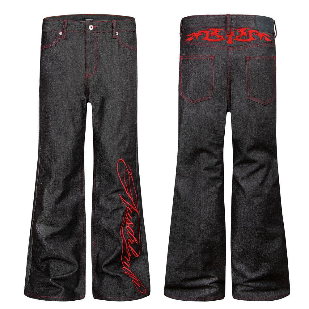 Jean noir homme bootcut avec broderie script – Denim à jambes évasées