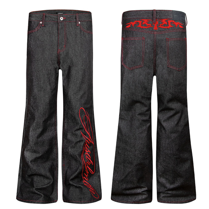Jean noir homme bootcut avec broderie script – Denim à jambes évasées