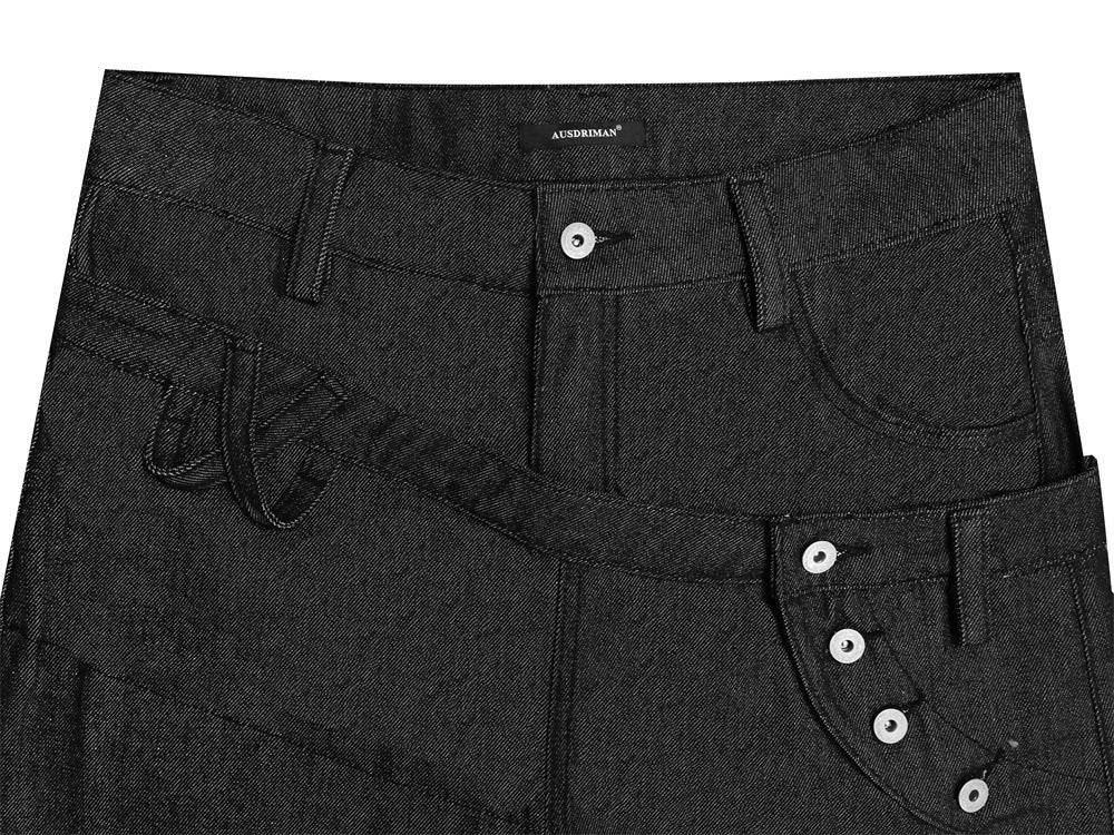 Jean wide leg noir homme avec double ceinture et empiècement diagonal