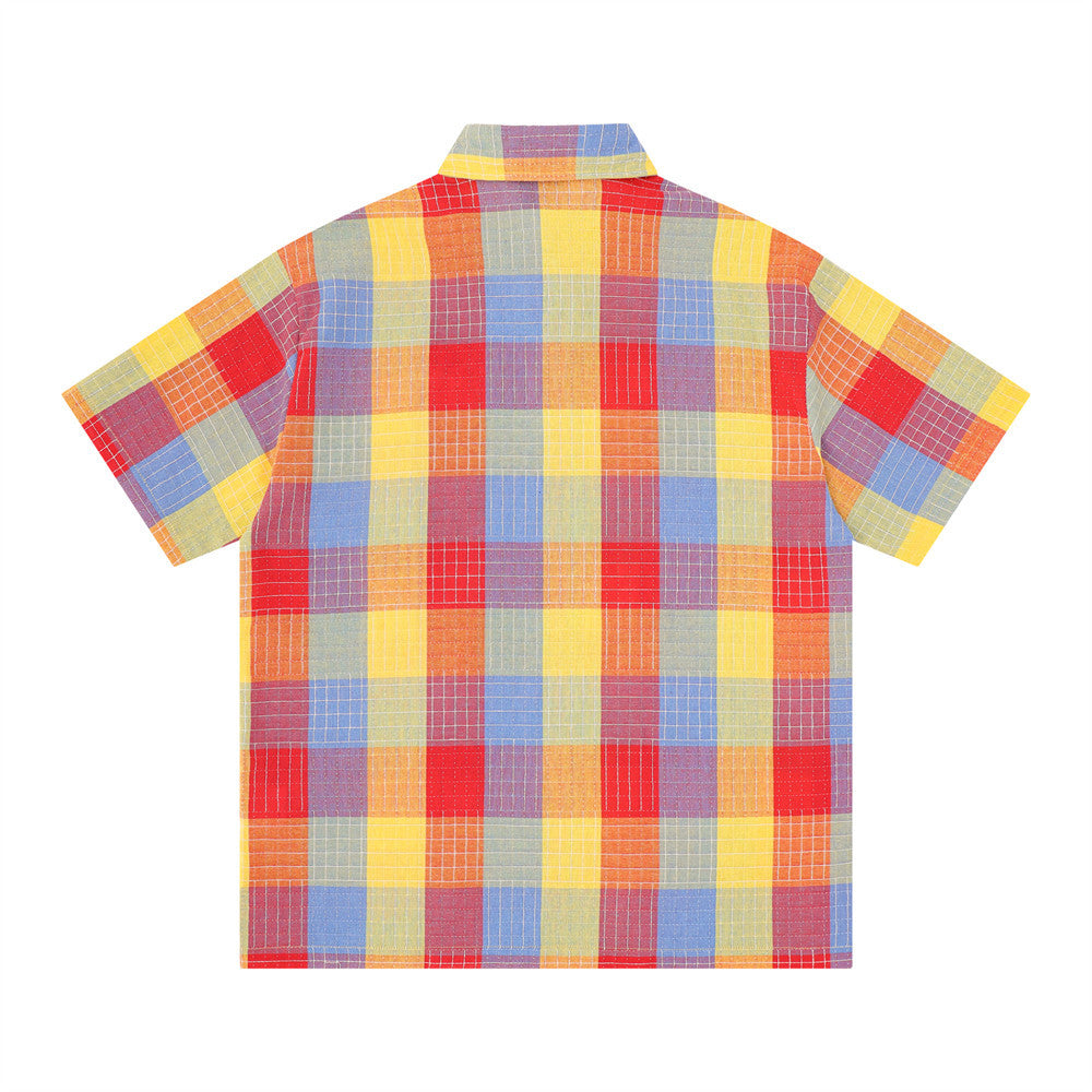 Mosaic Plaid Short Sleeve Shirt – Oversized Streetwear Button-Up