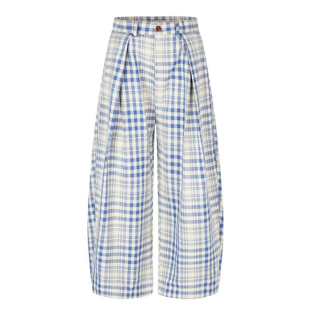 Men's wide-leg pleated trousers in blue and cream plaid check, front and back view