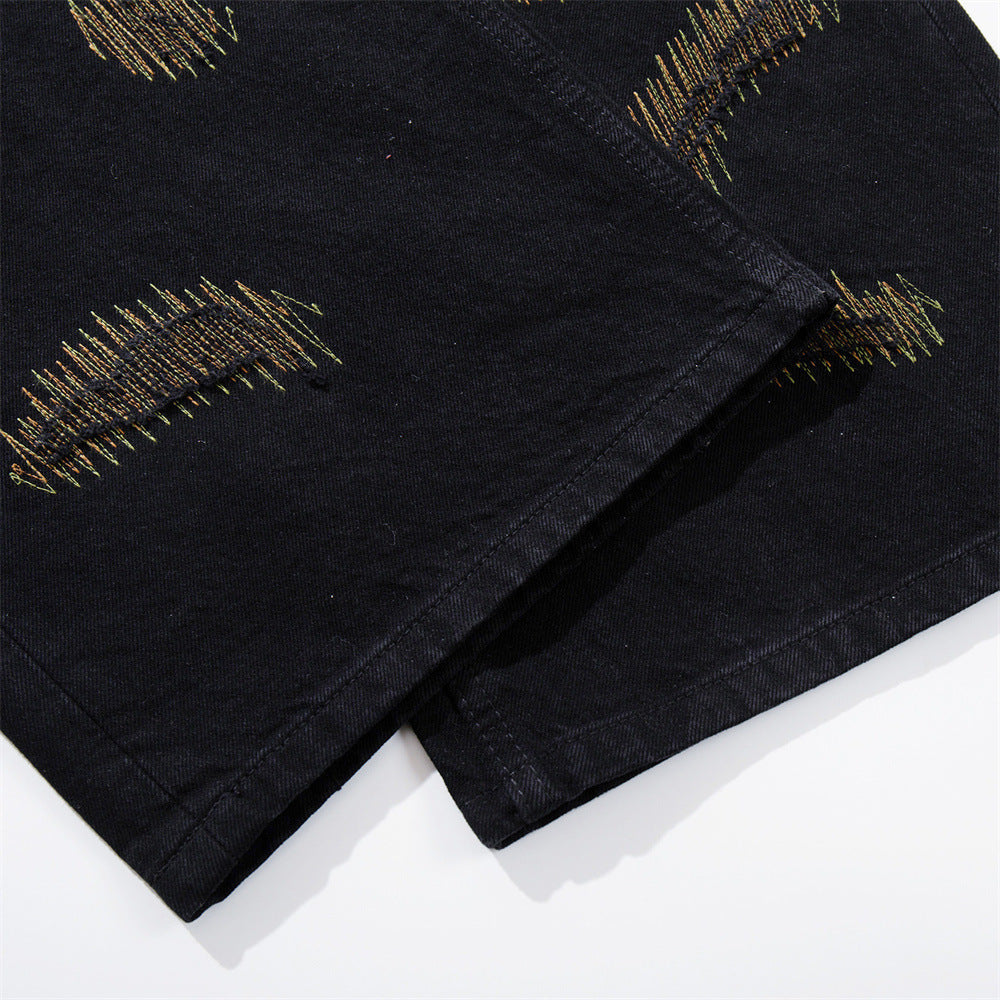 Wide-Leg Jeans with Chaotic Needle Embroidery & Star Patches