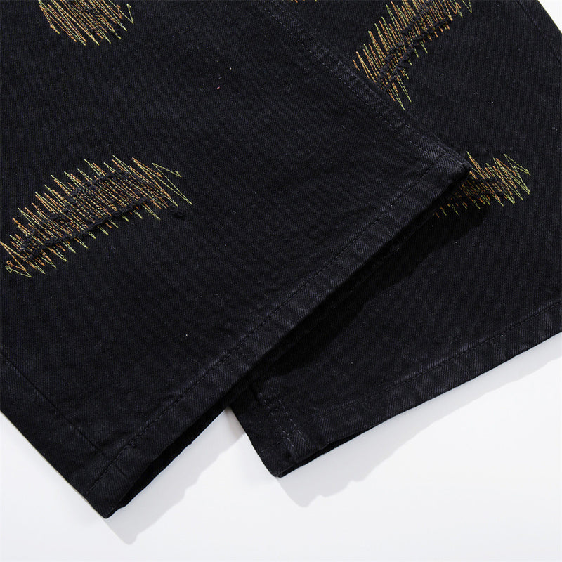 Wide-Leg Jeans with Chaotic Needle Embroidery & Star Patches