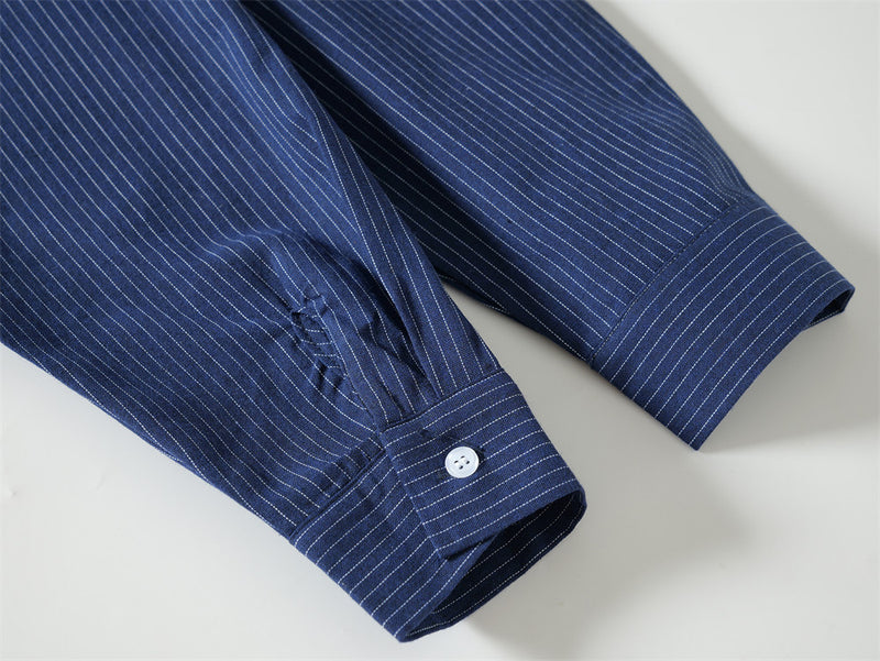 Men's Long Sleeve Striped Shirt with Embroidered Crest Pocket Detail