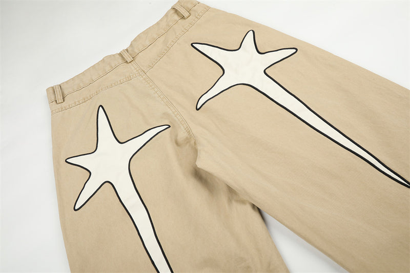 Wide-Leg Men's Pants with Star Embroidery & Cross Back Graphic – Relaxed
