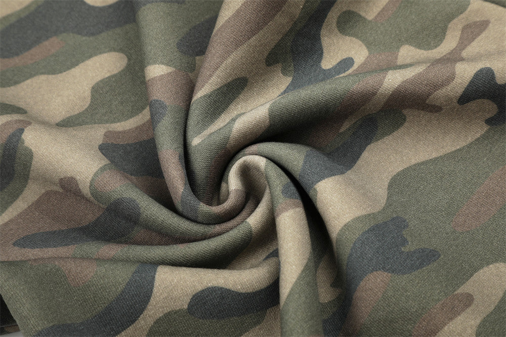Camo Wide-Leg Sweatpants with Colorblock Orange Waistband and Patches