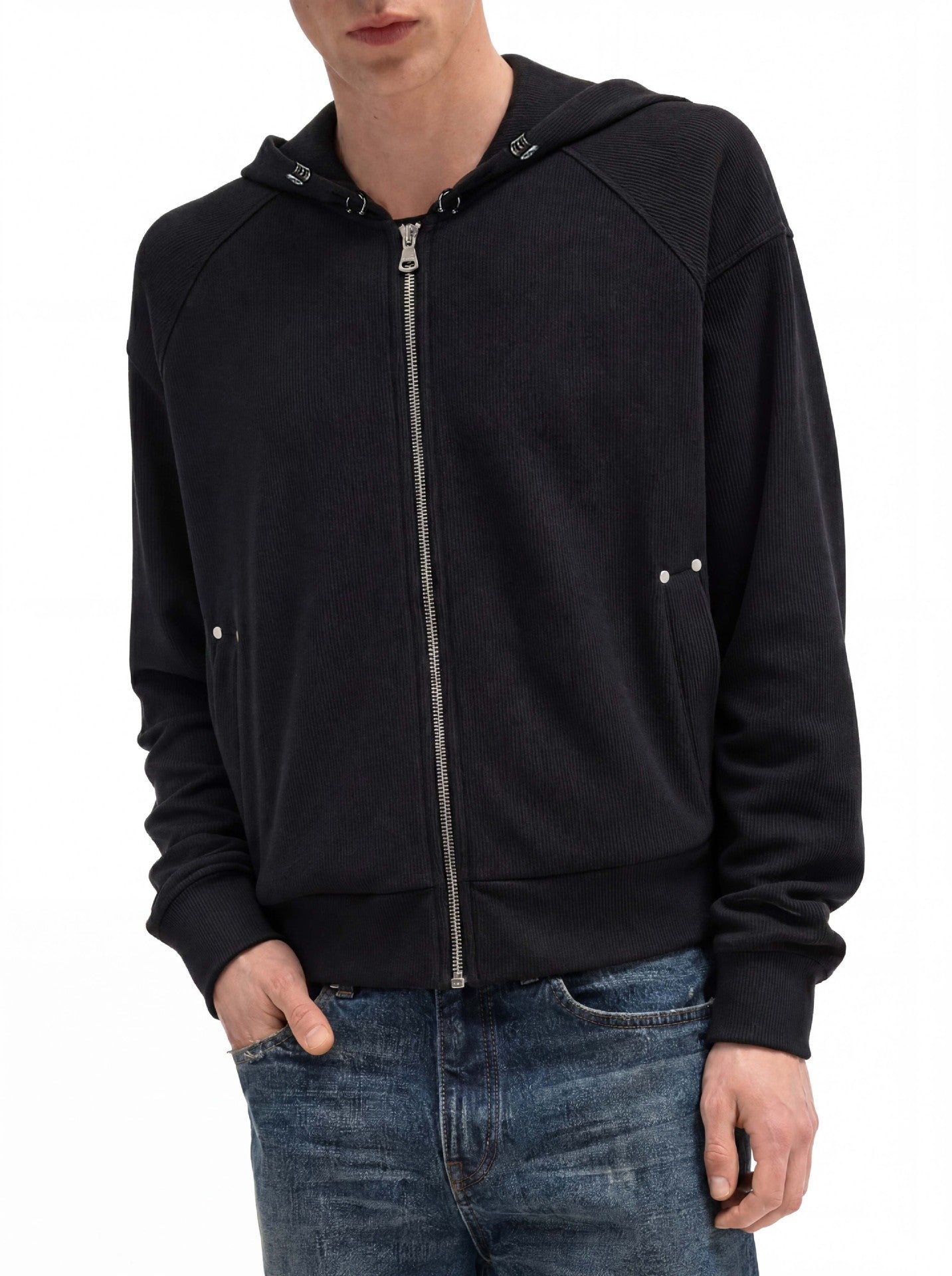 Sweat à capuche court zippé – Sweat intégralement zippé à manches raglan côtelées