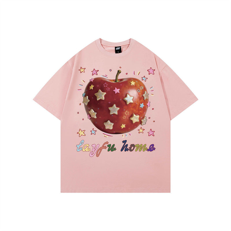 Camiseta de cuello redondo para mujer con gráfico 3D de estrella y manzana, manga corta