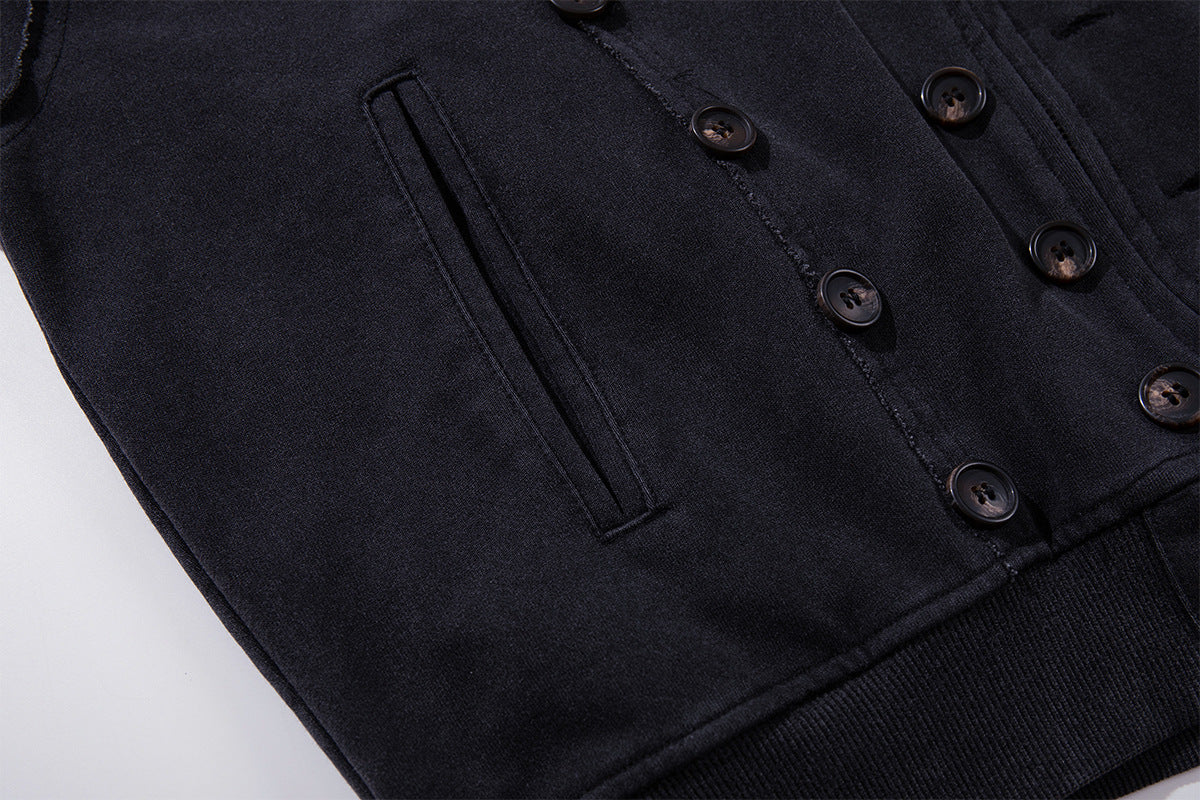 Schwerer Zip-Hoodie – Verwaschenes Schwarz, Streetwear-Design mit mehreren Knöpfen