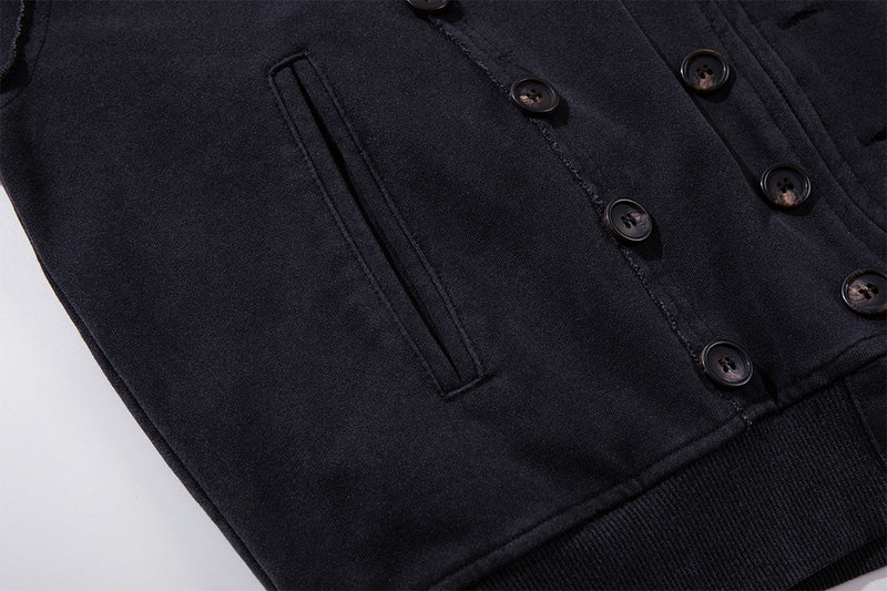 Schwerer Zip-Hoodie – Verwaschenes Schwarz, Streetwear-Design mit mehreren Knöpfen