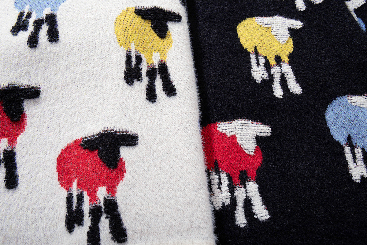 Colorful Sheep Jacquard Crew Neck Sweater – Relaxed Fit Knit
