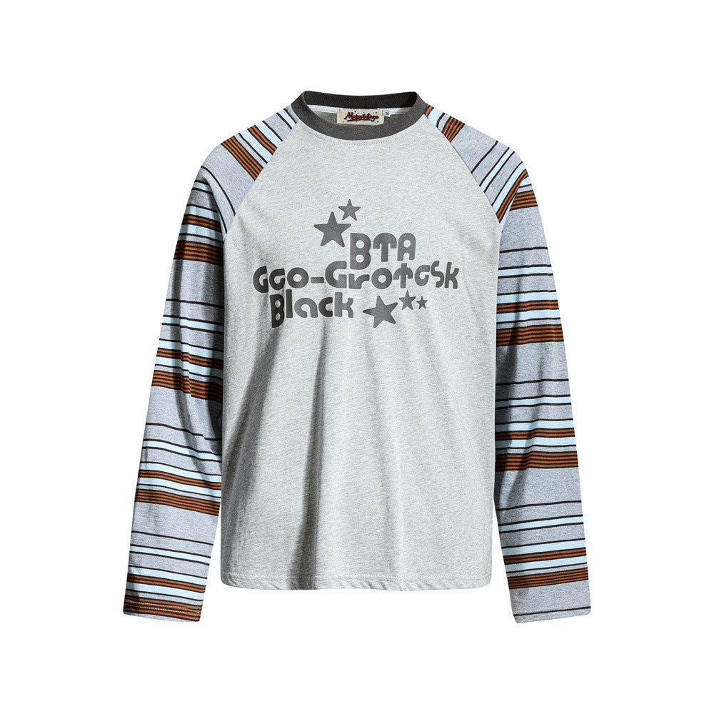 Men's heather grey raglan long-sleeve tee with blue, brown and black striped sleeves and retro letter graphic chest print