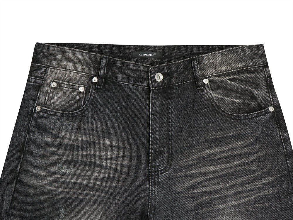 Vaqueros flare negros lavados para hombre – Denim de pierna ancha desgastado con detalle de bigotes