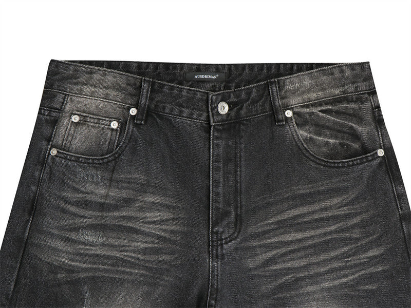Vaqueros flare negros lavados para hombre – Denim de pierna ancha desgastado con detalle de bigotes