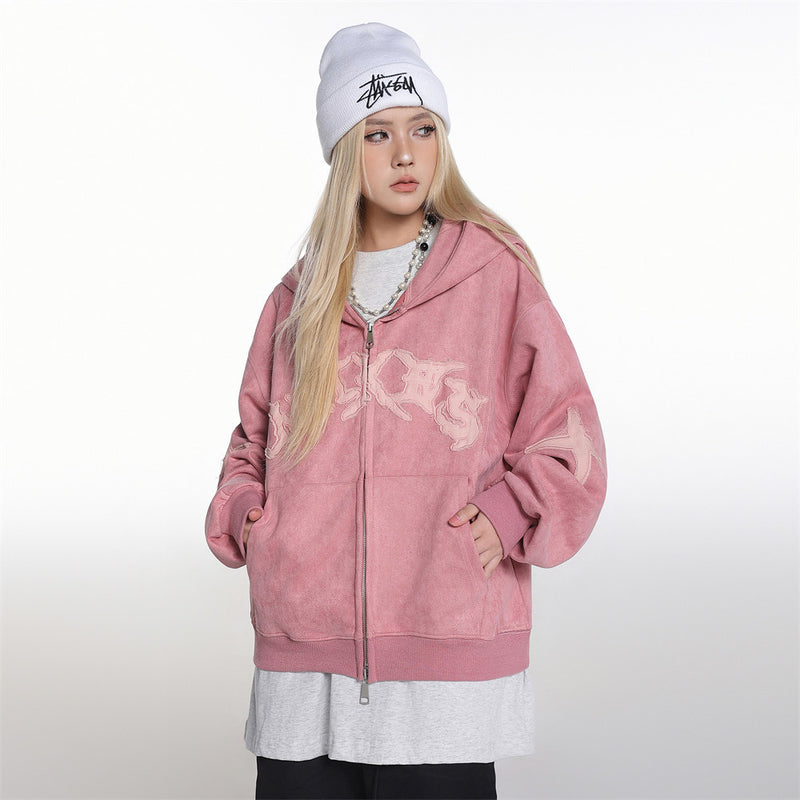 Baggy Zip Up Hoodie with Letter Appliqué — Oversized Streetwear Zip Hoodie