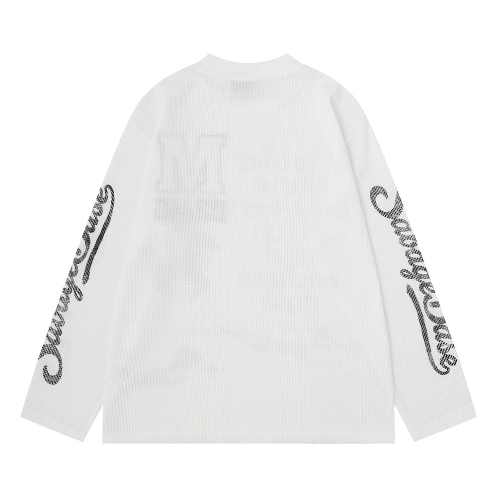 Herren-Langarmshirt mit Grafik – Oversize-Streetwear-Shirt aus Waffelstrick mit Schriftprint