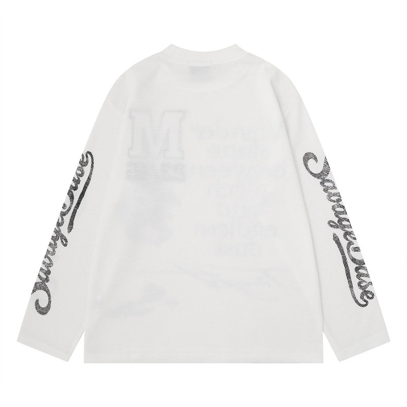 Herren-Langarmshirt mit Grafik – Oversize-Streetwear-Shirt aus Waffelstrick mit Schriftprint