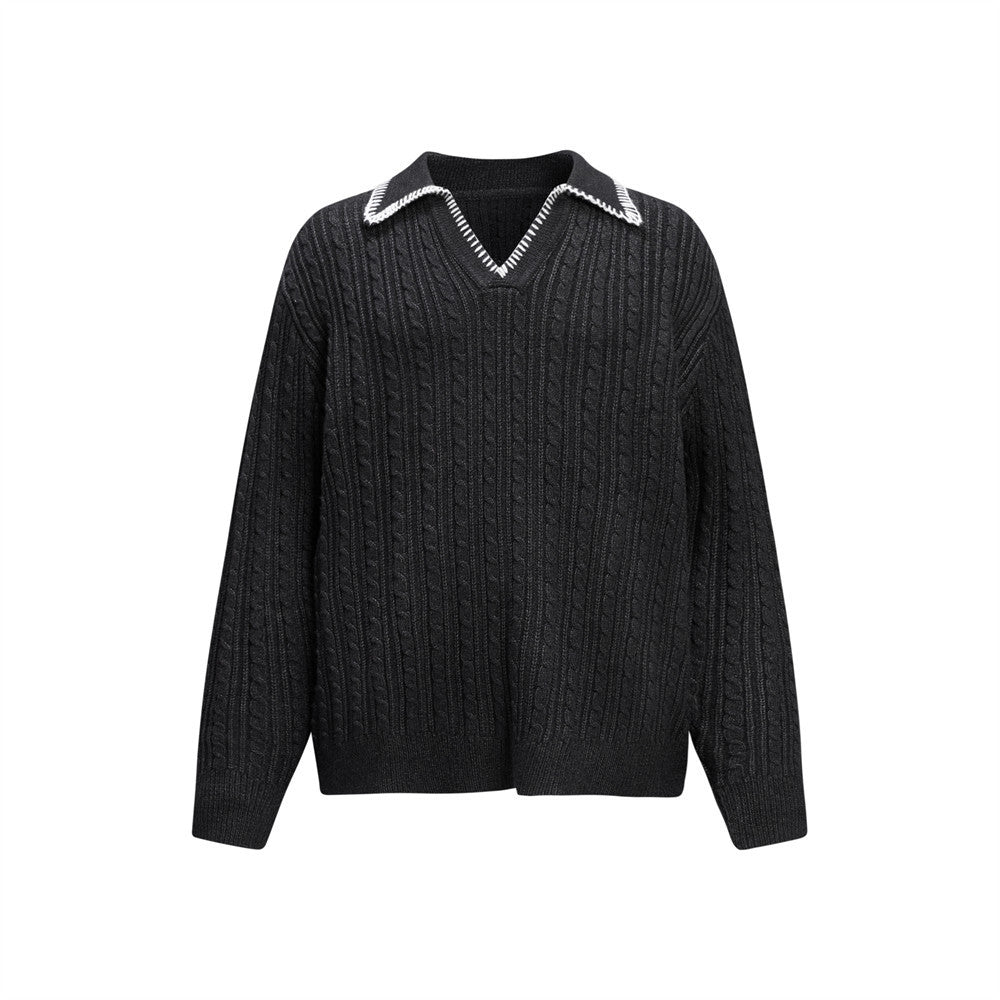 Oversized V-Neck Sweater – Cable Knit Polo Collar Long Sleeve Pullover