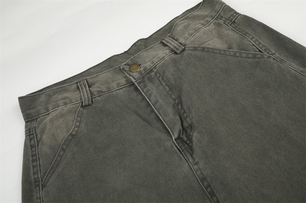 Wide-Leg Cargo Pants – Washed Denim Multi-Pocket Straight-Cut Trousers