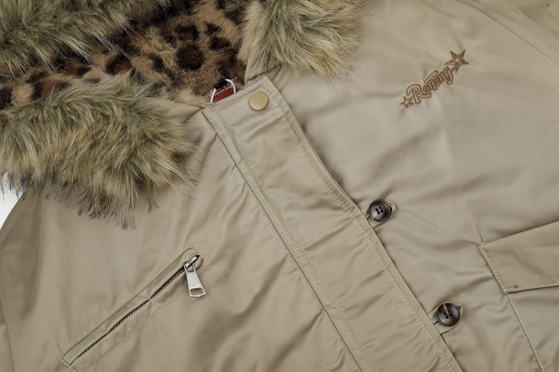 Leopard Print Fleece-Lined Bomber Jacket with Faux Fur Hood