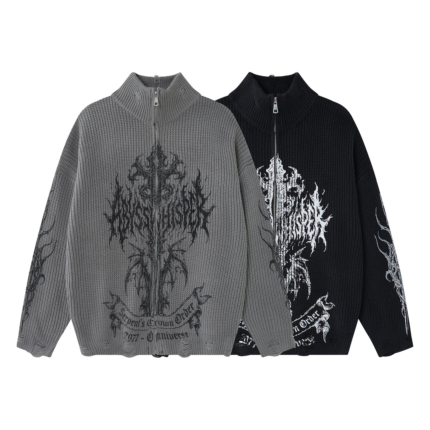 Pull zippé en maille à motif gothique – Col montant punk sombre Abyss Whisper