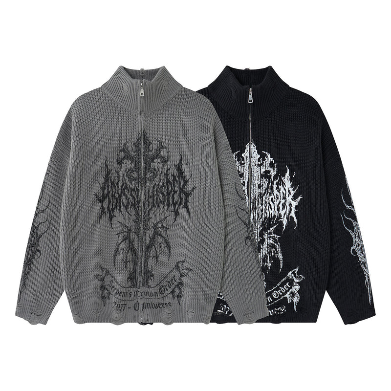 Pull zippé en maille à motif gothique – Col montant punk sombre Abyss Whisper