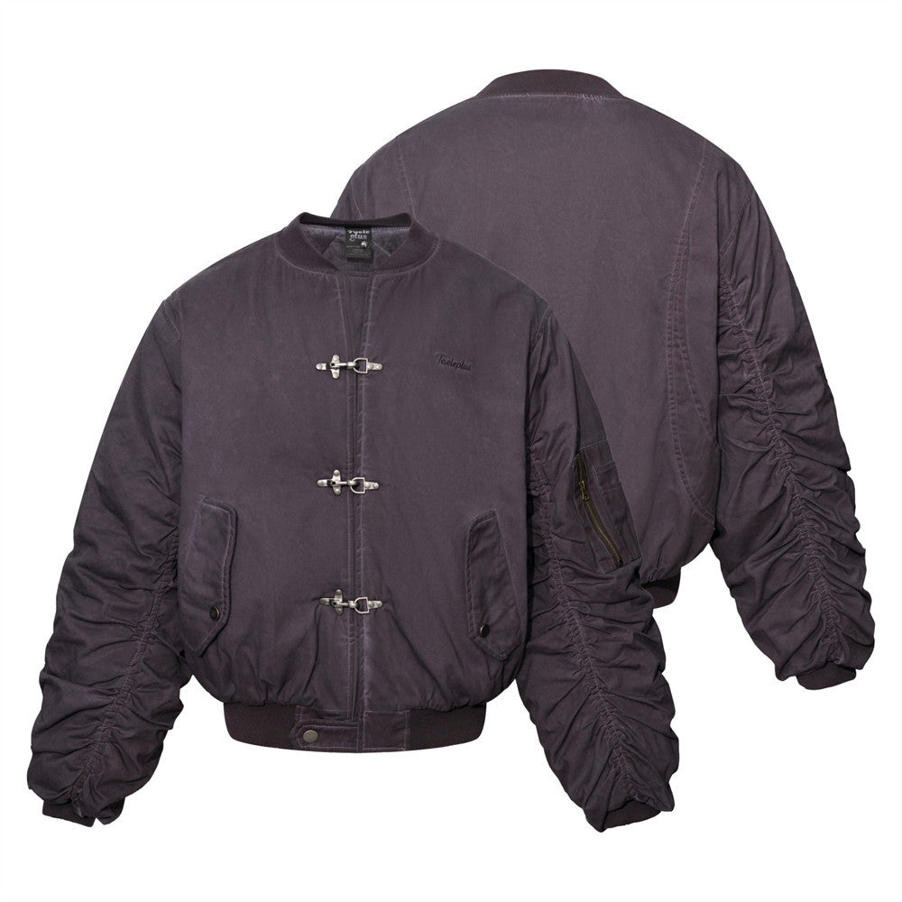 Ruched Sleeve Bomber Jacket with Clasp Front and Stand Collar