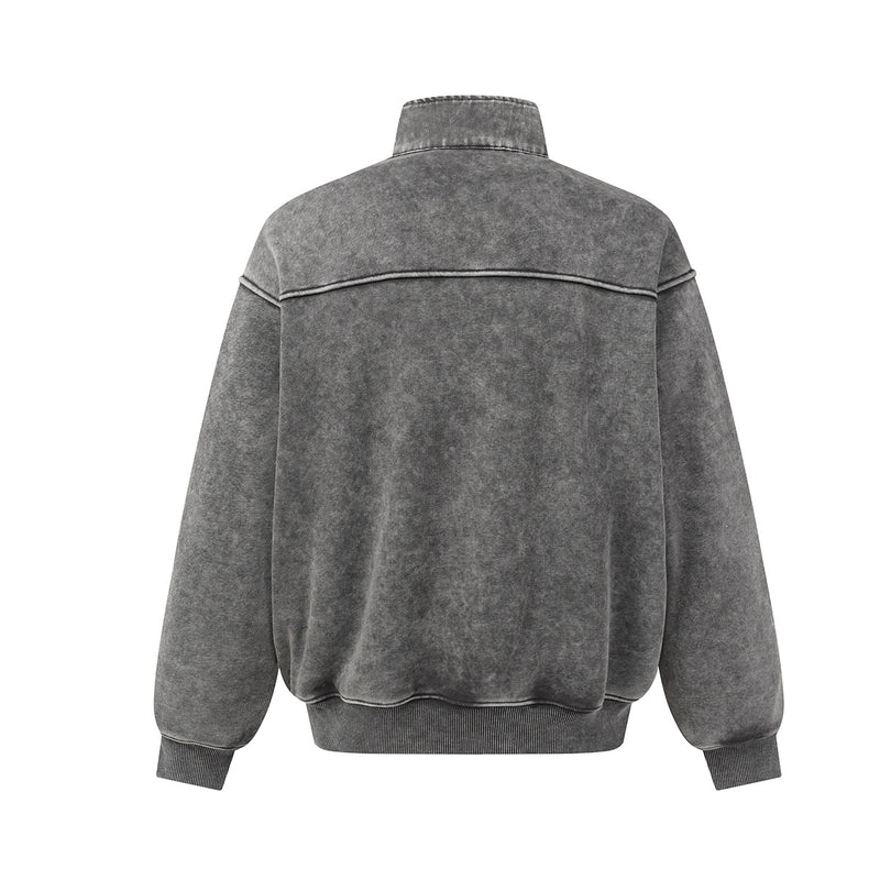 Acid Wash Mock Neck Snap Pullover Sweatshirt with Oversized Front Pockets