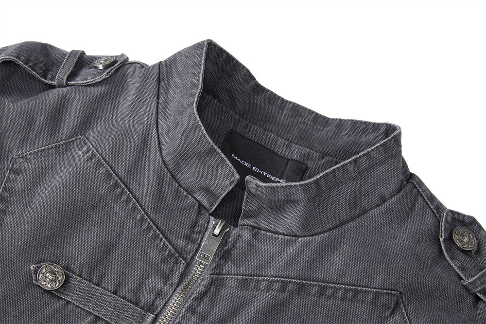 Men's Vintage Military Double-Breasted Zip Jacket with Stand Collar